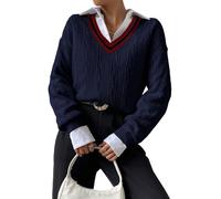 GORGLITTER Gestreifter Pullover Damen Strick Winterpullover Strickpulli Mit V Ausschnitt Strickpullover Old Money Style Grobstrickpullover Sweater Herbst Outfit Dunkelblau XS