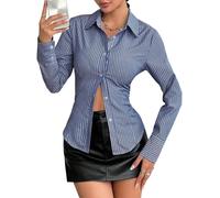 GORGLITTER Gestreiftes Shirt Damen Bluse Langarm Hemdbluse Slim Fit Langarmshirt Herbstmode Blusenshirt Mit Streifen Schickes Oberteil Business Outfit Dunkelblau M