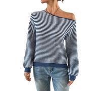 GORGLITTER Gestreiftes Shirt Damen Off Shoulder Oberteil Schulterfreies Strickpullover Mit Streifen Strickoberteile Langarm Häkelpullover Herbst Outfit Blau und Weiß M