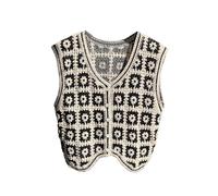GORGLITTER Häkelweste Damen Ärmellos Strickweste Mit Blumen Boho Weste Damenwesten Sommer Outfits Gehäkeltes Top Strickjacke Vintage Tops Schwarz und Weiß S