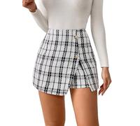 GORGLITTER Hosenrock Damen Kurz Elegant Karierter Rock Mit Schlitz Winterrock Enger Tweed Minirock Mit Hose Schwarz und Weiß S
