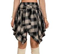 GORGLITTER Karierter Rock Damen Kurz Minirock Y2k Skater Rock Asymmetrische Steampunk Röcke Western Outfit Sommerrock Mit Gummizug Grau S