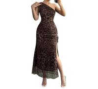 GORGLITTER Kleid Damen Lang Leo Kleid mit Schlitz One Off Shoulder Maxikleid Bodycon Partykleid Meshkleid mit Leopardenmuster