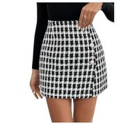 GORGLITTER Kurze Tweed Rock Damen Herbst Karierter Mit Schlitz Eleganter Mit Knöpfen Schwarz M