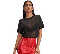 GORGLITTER Mesh Oberteile Damen Durchsichtig Netzoberteil Tops Festival Oberteil Glitzer Top für Outfit Party T-Shirt Schwarz L