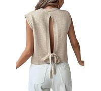 GORGLITTER Pullunder Damen Elegant Ärmellos Strickweste Rückenfrei Strickpullover Rundhals Gestrickte Oberteile Herbst Winter Outfit Beige L