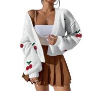 GORGLITTER Strickjacke Damen Kurz Gerippt Strickpullover mit Süßer Kirschmuster Langarm Vorne Offen Cardigan Locker V Ausschnitt Strickjacken Weiß M