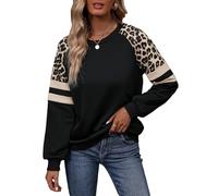 GORGLITTER Sweatshirt Damen Elegant Langarm Pullover mit Leopardenmuster Langarmshirt Rundhals Leo Oberteil Herbstshirt Casualshirt Schwarz M