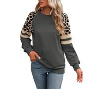 GORGLITTER Sweatshirt Damen Elegant Langarm Pullover mit Leopardenmuster Langarmshirt Rundhals Leo Oberteil Herbstshirt Casualshirt Grau L