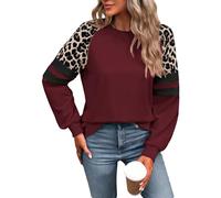 GORGLITTER Sweatshirt Damen Elegant Langarm Pullover mit Leopardenmuster Langarmshirt Rundhals Leo Oberteil Herbstshirt Casualshirt Bordeaux S