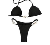 GORGLITTER Triangel Bikini Damen Set Brazilian Style String Bikini Mit Perlen Zweiteiler Badeanzug Boho Style Bikinis Bademode Swimsuit Schwarz L