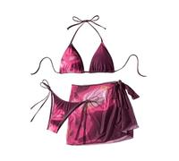 GORGLITTER Triangel Bikini Damen Set High Waist Sexy Bikini Mit Rock Set 3 Teilig Neckholder Badeanzug Mit Blumen Bademode Swimsuit Violett M