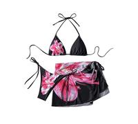 GORGLITTER Triangel Bikini Damen Set High Waist Sexy Bikini Mit Rock Set 3 Teilig Neckholder Badeanzug Mit Blumen Bademode Swimsuit Schwarz S