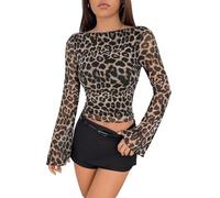 GORGLITTER Tshirt Damen Langarm Elegant Leopard Oberteile Rückenfreies Shirts Durchsichtig Netzoberteil Netzshirt Y2K Langarmshirt Party Top Schwarz M