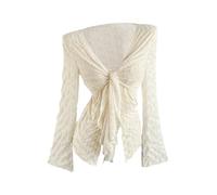 GORGLITTER Wickeloberteil Damen Langarmshirt Elegant Blusentop Y2k Top Mit Twist Festival Outfit 2000s Clothes Sexy Transparentes Oberteil Mit Volant Ärmel Beige L