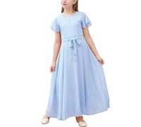 GORLYA Maxikleid für Mädchen, U-Ausschnitt, Rüschenärmel, Vintage, elegant, fließend, Hochzeit, Party, langes Maxikleid aus Chiffon, Größe 10-16 Jahre, Hell, blau, 164
