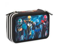 GORMITI - Dreifaches Federmäppchen mit 3 Reißverschlüssen und 3 Fächern, enthält 18 Buntstifte, 18 Filzstifte und andere praktische Schulutensilien, 13 L x 19,5 H x 6,5 T