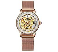 Gosasa Luxuriöse automatische mechanische Damenuhr, goldfarben, Edelstahl-Mesh-Armbanduhr, Kleid, Goldweiß, Mechanisch, selbstaufziehend