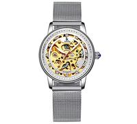 Gosasa Luxuriöse automatische mechanische Damenuhr, goldfarben, Edelstahl-Mesh-Armbanduhr, Kleid, silber, Mechanisch, selbstaufziehend