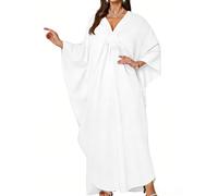 Gosunny Damen Langes Kaftan V Ausschnitt Sommerkleid Sommer Strand Cover Up Boho Maxikleid Loungewear(Weiß)