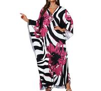 Gosunny Damen Langes Kaftan V Ausschnitt Sommerkleid Sommer Strand Cover Up Boho Maxikleid Loungewear(Rosenrote Blume)