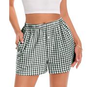 Gosunny Schlafshorts Damen Sommer Kurz Shorts Schlafhose Baumwolle Pyjamahose Karomuster Strandhose mit Taschen(Grün,L)