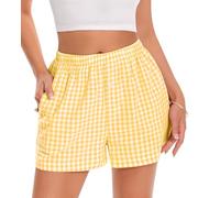 Gosunny Schlafshorts Damen Sommer Kurz Shorts Schlafhose Baumwolle Pyjamahose Karomuster Strandhose mit Taschen(Gelb,XL)
