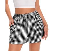 Gosunny Schlafshorts Damen Sommer Kurz Shorts Schlafhose Baumwolle Pyjamahose Karomuster Strandhose mit Taschen(Schwarz,S)