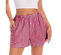 Gosunny Schlafshorts Damen Sommer Kurz Shorts Schlafhose Baumwolle Pyjamahose Karomuster Strandhose mit Taschen(Rot,XL)