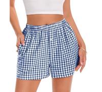 Gosunny Schlafshorts Damen Sommer Kurz Shorts Schlafhose Baumwolle Pyjamahose Karomuster Strandhose mit Taschen(Blau,S)
