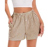 Gosunny Schlafshorts Damen Sommer Kurz Shorts Schlafhose Baumwolle Pyjamahose Karomuster Strandhose mit Taschen(Khaki,S)