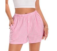 Gosunny Schlafshorts Damen Sommer Kurz Shorts Schlafhose Baumwolle Pyjamahose Karomuster Strandhose mit Taschen(Rosa,L)
