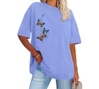 Gosunny Tshirt Damen Oversize V Ausschnitt Blouse Sommer Basic Kurzarm Casual Lose Tops(Blauer Schmetterling,S)