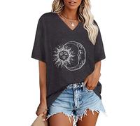 Gosunny Tshirt Damen Oversize V Ausschnitt Blouse Sommer Basic Kurzarm Casual Lose Tops(Grau Weiß Mond Sonne,XL)