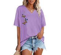 Gosunny Tshirt Damen Oversize V Ausschnitt Blouse Sommer Basic Kurzarm Casual Lose Tops(Lila Schmetterling,S)