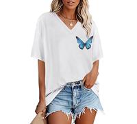 Gosunny Tshirt Damen Oversize V Ausschnitt Blouse Sommer Basic Kurzarm Casual Lose Tops(Weißer Schmetterling,XL)