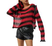 Goth Damen-Pullover mit Streifen, Punk-Stil, lange Ärmel, Reißverschluss, kalte Schulter, gestrickte Oberteile, Emo-Ästhetische, durchsichtige Kleidung - wie auf dem Foto gezeigt_a - Einheitsgröße
