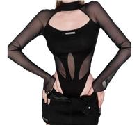 Goth Dark Sheer Mesh Patchwork Cyber Y2K Bodysuits Hollow Out Moto Biker T-Shirts Women Gothic Punk Long Sleeve Bodysuit,Schwarz,S