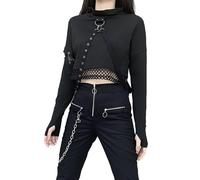 Goth Hoodie mit Stoffstreifen Crop Tops Damen Langarmshirt Gothic Kleidung Damen Cropped Shirt Cyberpunk Shirt