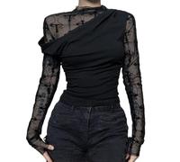 Goth Mesh Top für Damen, durchsichtig, schwarz, Patchwork, durchsichtig, T-Shirt, elegante Bluse, zum Ausgehen, bauchfreie Tops, Schwarz, Groß