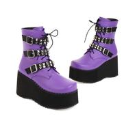 Goth Plattform Stiefel Für Frauen Motorrad Stiefel Mit Nieten Mit Gürtelschnallen Keilabsatz Reißverschluss Kurze Stiefel,Lila,41 EU