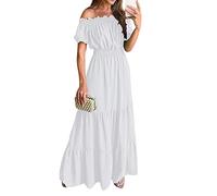 gothic damen kleid damen 20er jahre kleid chiffonkleid Schulterfrei RüSchen Einfarbig Kurzarm Bodenlang Kleid Sexy Hohe Taille Lang Kleid Elegant A-Linie Tunika Kleid Boho hemdkleid (Weiß, L)