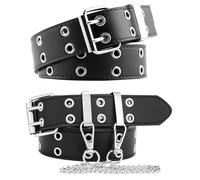 Gothic-Gürtel mit doppelter Öse, Ledergürtel für Herren und Damen, Jeans, modischer Gürtel, Punkrock, Y2K mit Kette, O-2 Stück, schwarz, Fit Waist Size Under 36 Inches