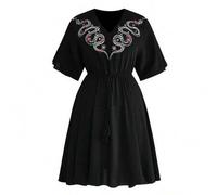 Gothic Hippie Urlaubsstil Schwarzes Schlangen- & Rosen-Stickerei Kleid in Große Größen