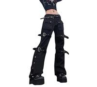 Gothic Hose Damen Steampunk Halloween Kostüm Damen,Wide Straight Leg Punk Grunge Baggy Pants Gothic ästhetische Hose Y2k Streetwear mit Taschen Boyfriend E-Girl Hose mit Kette, Hip Hop Hose