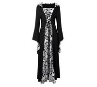 Gothic Kleid Damen, Halloween Kleid Damen mit Kapuze und Lange Flared Ärmel Vampir Hexen Teufel Kostüm, Renaissance Steampunk Kleid Hoodie Mittelalter Retro Partykleid für Skelett Festivals