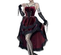Gothic Kleid Damen Lang Rockabilly Kleider Halloween Kleidung Mittelalter Cocktailkleid A-Linie Retro Ballkleid Bauernkleid Spaghetti Cosplay Party Gothickleid Corsagenkleid Ärmellos (Rot,S)