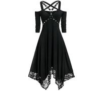 Gothic Kleid Damen Schwarz Goth Kleid Kleid Spitze Patchwork Punk Rock Cross Strap Plus Size Vintage Midi Kleid-schwarz-XL