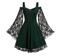 Gothic Vintage Spitze Patchwork Frauen Kleid Plus Size Goth Bandage Damen Spaghetti-Träger Kleider, Grün , 5X-Groß