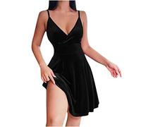 Gothic Kleid Petticoat Kleid Damen 50 Jahre Kleid A-Linie V-Ausschnitt Samtkleid Hohe Taille Minikleid Kurz Spaghettiträger Partykleid Swing Abendkleid Hochzeitskleid (Schwarz,M)